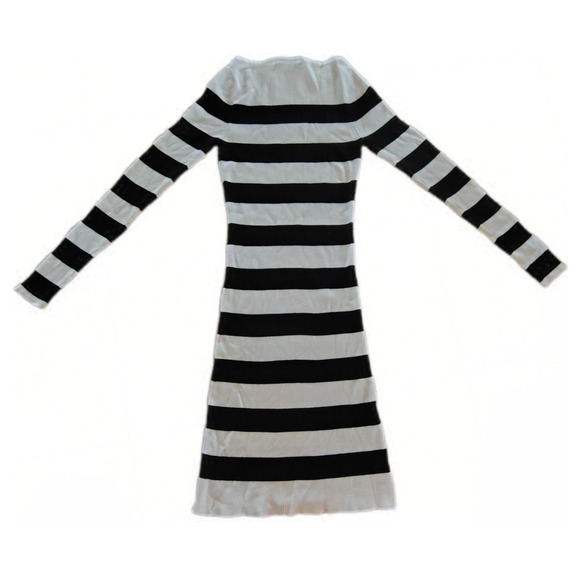 Black White Striped Knit Midi Sweater Dress XS Boat Neck Long Sleeve Nautical - Picture 2 of 7